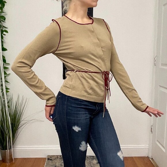 White + Warren Crew Neck Button-Up Cardigan Sweater Tie-Waist Size S Tan - Picture 14 of 15